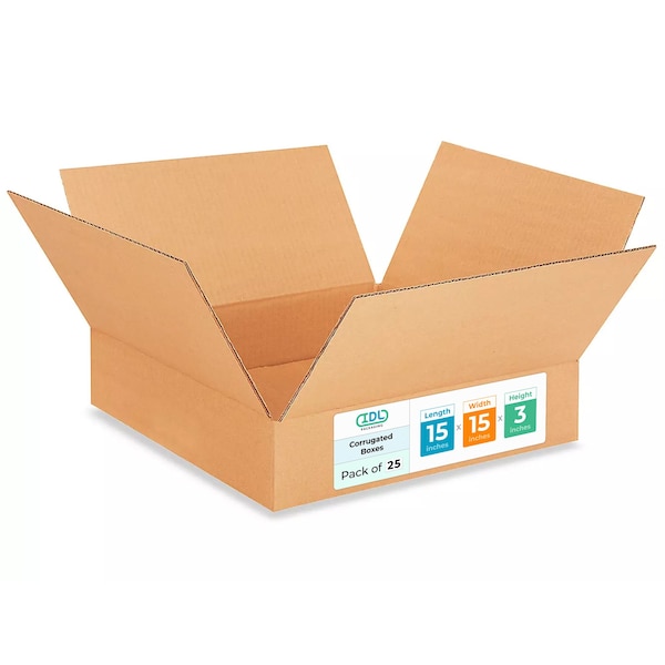 Idl Packaging 15 in x 15 in x 3 in Shipping Box, Kraft, Corrugate, Single Wall, 200#, 25 PK B-15153-25 - main